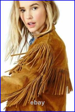 Ladies Jacket Western Suede Leather Cow-Lady Native American Women Fringe coats