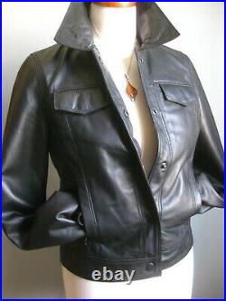 Ladies NEXT black real leather TRUCKER JACKET COAT UK 8 western soft short crop