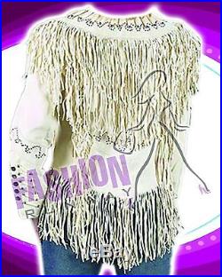 Ladies Suede Leather Western Jacket with Double Fringe and Bead Sizes XS 6XL