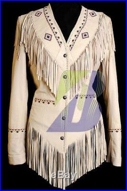 Ladies handmade Cowhide Leather Cowgirl Western Jacket with Fringe, Bone & Badge