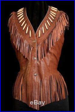 Ladies handmade Cowhide Leather Cowgirl Western Jacket with Fringe, Bone & Studs