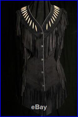 Ladies handmade Cowhide Leather Cowgirl Western Jacket with Fringe, Bone & Studs