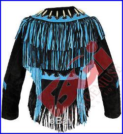 Ladies handmade Suede Leather Cowgirl Western Jacket with Fringe, Bone & Studs