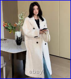 Lamb Wool Suit Fur Shearing Long Coat Womens Winter Double Breasted Lapel Jacket