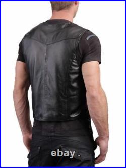 Lambskin Vest Coat Leather Waistcoat Black Jacket Classic Western Button Men
