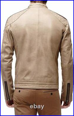 Latest Designer Men Beige Genuine Lambskin Real Leather Jacket Strip Casual Coat