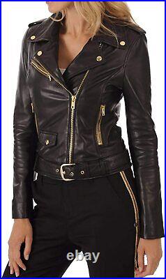 Latest Women's Authentic NAPA Real Black Leather Jacket HOT Golden Hardware Coat