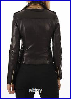 Latest Women's Authentic NAPA Real Black Leather Jacket HOT Golden Hardware Coat