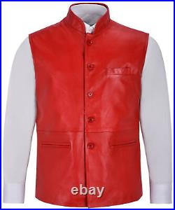 Leather Waistcoat Button 100% Western Jacket Red Vest Coat Men Real Lambskin