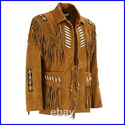 Leatherick Mens Western Cowboy Suede Leather Jacket Brown Coat with Fringes