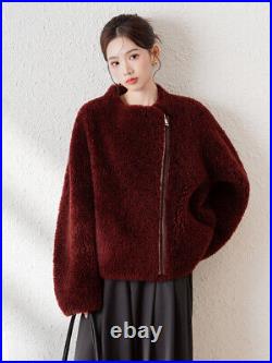 Loose Coat Fur Shearing Jacket Women's Zipper Real 100% Wool Warm Short Outwear