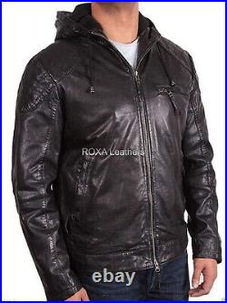 Luxury Men Hooded Authentic Sheepskin Natural Leather Jacket Biker Handmade Coat