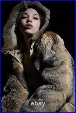Luxury Real Women Vintage Hooded Cross Fox Fur Jacket Coat Bolero Preowned