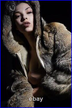Luxury Real Women Vintage Hooded Cross Fox Fur Jacket Coat Bolero Preowned