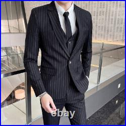 M-5XL Mens Slim Fit Coat Blazers One Button Striped 3pcs Suits Vest Pants Jacket