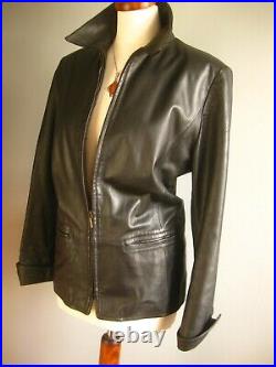 M&S black real leather JACKET COAT UK 16 14 biker classic red lining soft short
