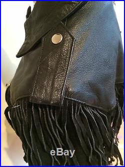 MARSHALL-ROUSSO MOTORCYCLE JACKET COAT Insulated Black Leather Suede Fringe XL
