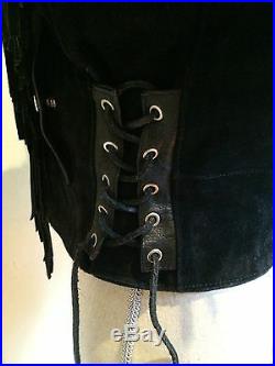 MARSHALL-ROUSSO MOTORCYCLE JACKET COAT Insulated Black Leather Suede Fringe XL