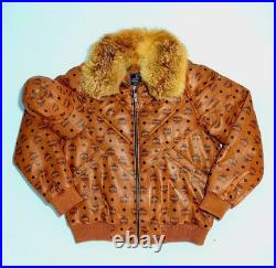 MCM Cognac Monogram Leather Puffer Jacket with Fur Collar + Matching Hat
