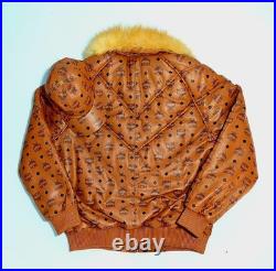 MCM Cognac Monogram Leather Puffer Jacket with Fur Collar + Matching Hat