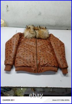 MCM Cognac Monogram Leather Puffer Jacket with Fur Collar + Matching Hat