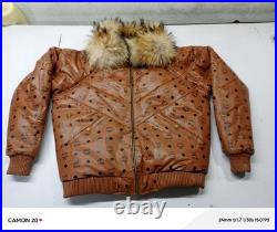 MCM Cognac Monogram Leather Puffer Jacket with Fur Collar + Matching Hat