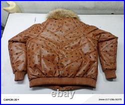 MCM Cognac Monogram Leather Puffer Jacket with Fur Collar + Matching Hat