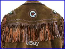 MEN'S Traditional COWBOY WESTERN LEATHER Jacket COAT WITH FRINGE BONE AND BEADS