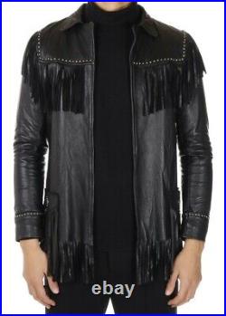 MENS BLACK COWBOY LEATHER NATIVE AMERICAN STYLE JACKET Fringe Studs Coat For Men