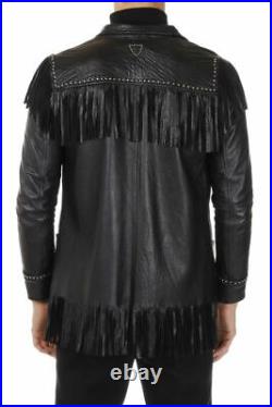 MENS BLACK COWBOY LEATHER NATIVE AMERICAN STYLE JACKET Fringe Studs Coat For Men