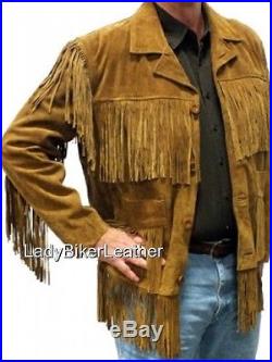 MENS Hippie Fringe BLACK Or BROWN Premium SUEDE Leather WESTERN Trapper Jacket