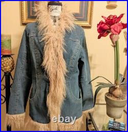 Marvin Richards Mongolian Fur Trimmed Denim Coat XL Excellent Condition