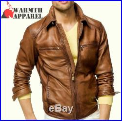 Masculine Vintage SlimFit Genuine Leather Jacket Mens Brown Waxy Western Style