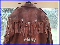 Mdk Tan Brown Vintage Native American Leather Fringe Western Suede Jacket Coat