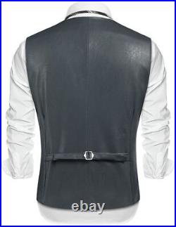 Men 100% Lambskin Leather Waistcoat Western Vest Coat Classic Gray Button Jacket