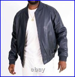 Men 100% Pure Lambskin Leather Navy Blue Bomber Jacket Baseball Varsity Coat Men 100% Pure Lambskin Leather Navy Blue Bomber Jacket Baseball Varsity Coat