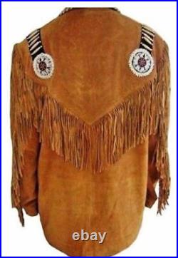 Men American Native Western Suede leather Cowboy Jacket Fringe & Bead Coat Beige