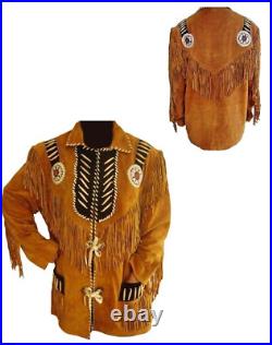 Men American Native Western Suede leather Cowboy Jacket Fringe & Bead Coat Beige
