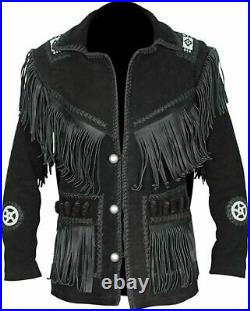 Men American Suede Western Cowboy Leather Jacket With Fringe & Bead Work Black