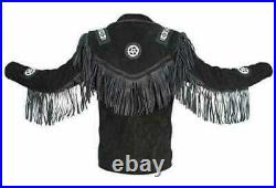 Men American Suede Western Cowboy Leather Jacket With Fringe & Bead Work Black