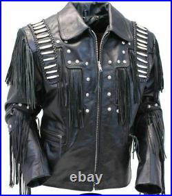 Men American Western Cowhide Leather cowboy Jacket coat fringe bones & beads