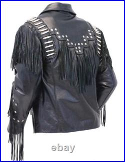 Men American Western Cowhide Leather cowboy Jacket coat fringe bones & beads