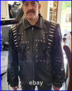 Men American Western Cowhide Leather cowboy Jacket coat fringe bones & beads
