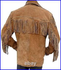 Men American Western Suede leather Cowboy Jacket Fringe Coat Brown