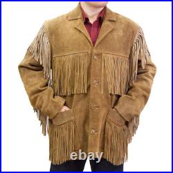 Men American Western Wear Jacket Unique Tan Suede Cowboy Fringe Native Long Coat