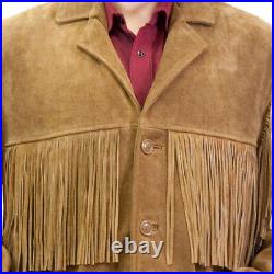 Men American Western Wear Jacket Unique Tan Suede Cowboy Fringe Native Long Coat