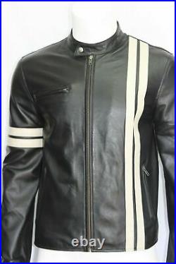 Men Authentic Sheepskin Real Leather Jacket Motorcycle Slim fit Biker Black Coat