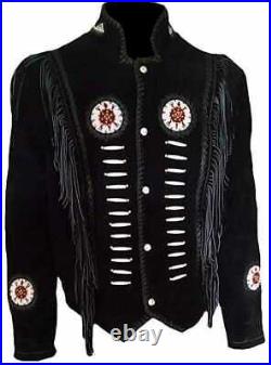 Men Black Suede Leather Native Cultural Western Cowboy Jacket Fringed & Beaded