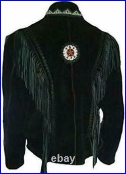 Men Black Suede Leather Native Cultural Western Cowboy Jacket Fringed & Beaded