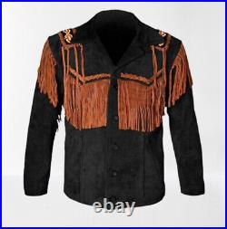 Men Black Suede Western Cowboy Jacket With Brown Fringes, Country Fashion